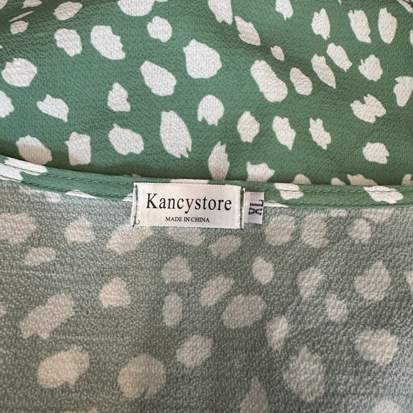 Kancystore XL Blouse Green White Button Down Tie Knot 3/4 Bell Sleeve V Neck - Picture 7 of 8